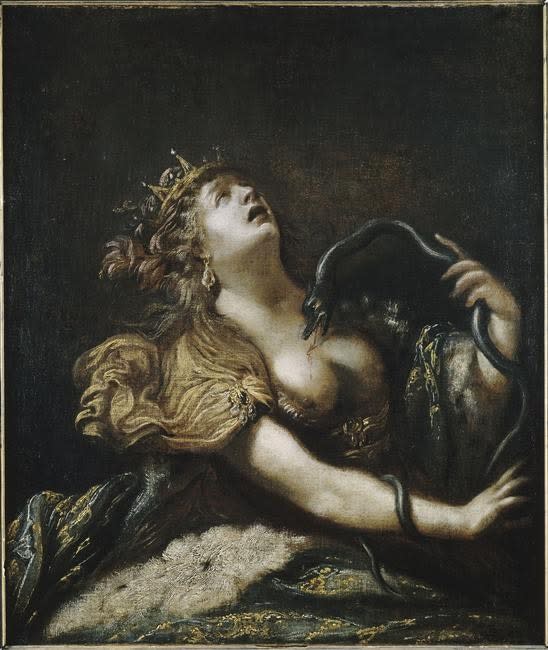 <span class="caption">Cléopâtre se donnant la mort. Tableau de Claude Vignon, XVIIᵉ siècle, Musée des Beaux-Arts, Rennes.</span>