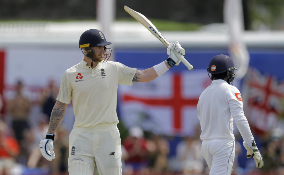 England's Ben Stokes celebrates scoring a half century during the third day of the first test cricket match between Sri Lanka and England in Galle, Sri Lanka, Thursday, Nov. 8, 2018. (AP Photo/Eranga Jayawardena)