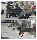This combination of April 19, 2013 and April 9, 2014 photos show law enforcement authorities searching for Boston Marathon bombing suspect Dzhokhar Tsarnaev in Watertown, Mass., and a view of the same street as children return home from school almost a year later. (AP Photo/Charles Krupa)
