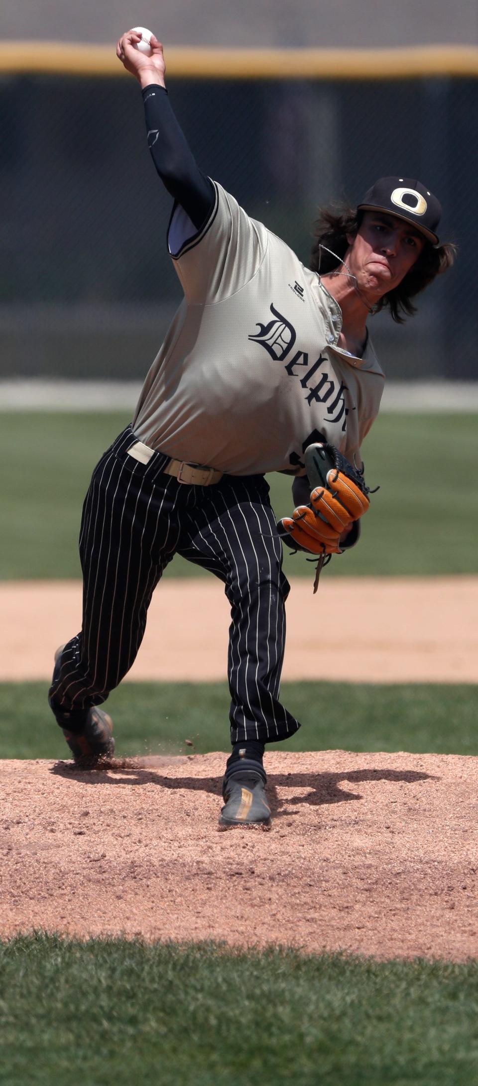 Delphi Oracles Chase Almager (5) pitches during the IHSAA baseball sectional championship against the Carroll Cougars, Monday, May 29, 2023, at Delphi Community High School in Delphi, Ind. Delphi won 2-0.