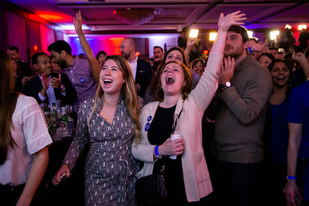 Alyssa Giammarella (L) and Claire Viall (C) cheer as they watch election results come in at a Democratic election night rally in Washington, U.S. November 6, 2018. REUTERS/Al Drago