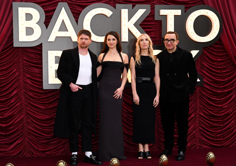 Jack O'Connell, Marisa Abela, Sam Taylor-Johnson and Eddie Marsan attend the world premiere of "Back To Black" at the Odeon Luxe Leicester Square on April 08, 2024 in London, England.
