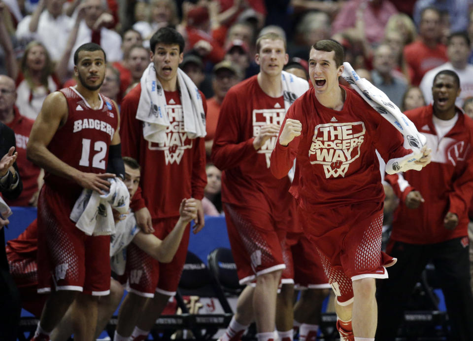 The Wisconsin reacts during the second half in a regional final NCAA college basketball tournament game against Arizona, Saturday, March 29, 2014, in Anaheim, Calif. (AP Photo/Jae C. Hong)