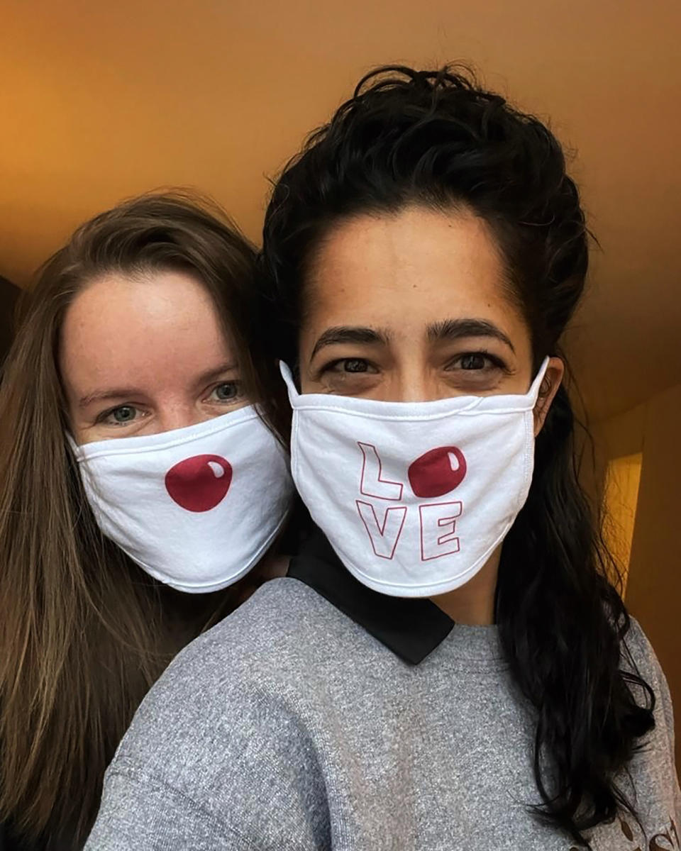 This undated photo provided by Comic Relief’s Red Nose Day shows the special Red Nose Day masks that Walgreens employees will wear for the 2021 fundraising campaign. (Red Nose Day via AP)