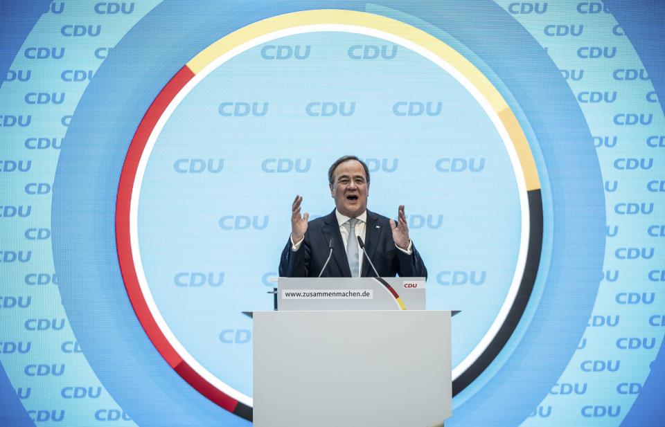 Christian Democratic Union, CDU, party chairman and Prime Minister of federal state North Rhine-Westphalia, Armin Laschet speaks at the kick-off event of the participation campaign for the party's election platform at the party's headquarters in Berlin, Germany, Tuesday, March 30, 2021. On Sunday, Sept.27, 2021 general elections planed in Germany. (Michael Kappeler/dpa via AP)