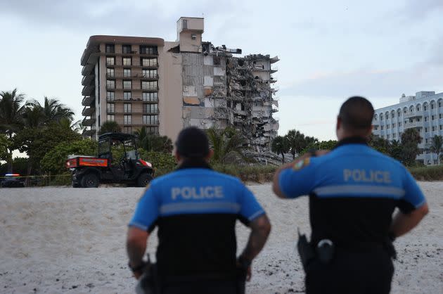 A portion of the 12-story condo tower crumbled early Thursday in Surfside, Florida. Dozens remain missing. (Photo: Joe Raedle/Getty Images)