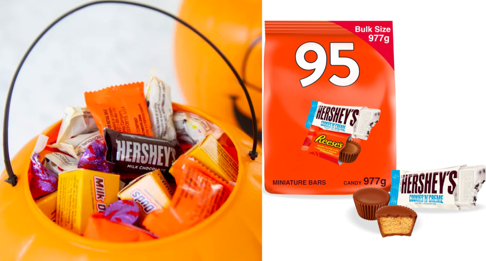 Hershey's & Reese's Halloween Bulk Candy is on sale at Amazon Canada. Photos via Getty, Amazon.