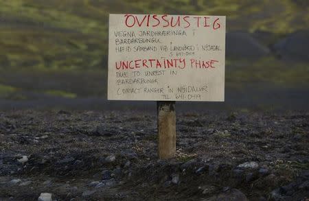 A warning sign blocks the road to Bardarbunga volcano, some 20 kilometres (12.5 miles) away, in the north-west region of the Vatnajokull glacier August 19, 2014. REUTERS/Sigtryggur Johannsson