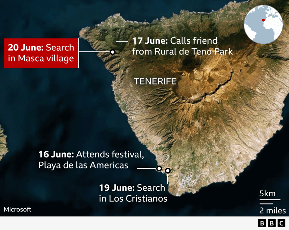 A map of Tenerife showing the known whereabouts of Mr Slater before he went missing