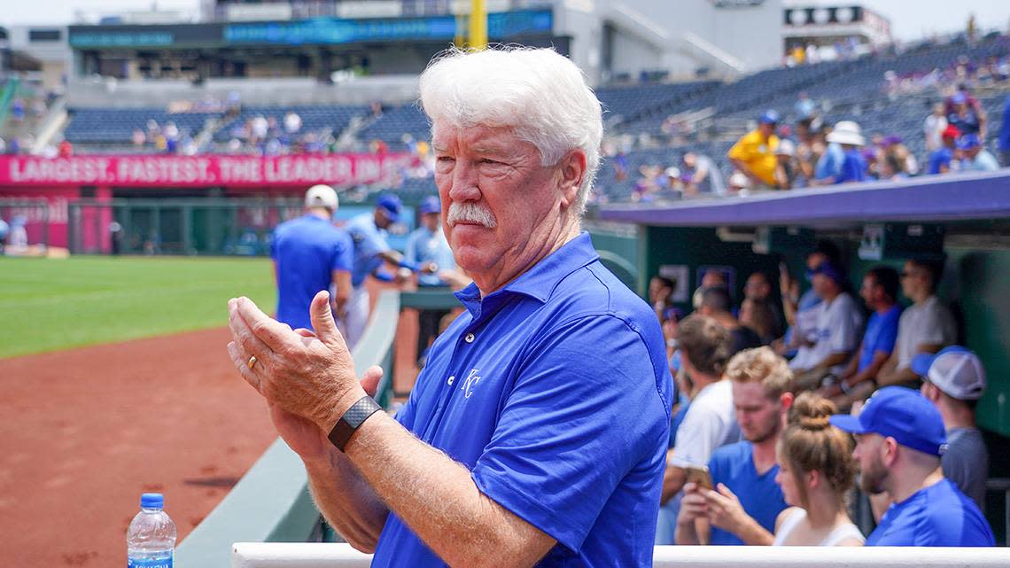 Royals owner John Sherman applauds his team during warm-ups ahead of a game against the before the game against the Detroit Tigers at Kauffman Stadium.