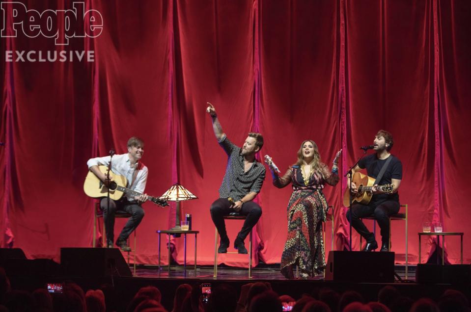 Lady A's Our Kind of Vegas residency included top-tier production and multi-dimensional staging along with a strip-down performance each night featuring songwriters behind their favorite hits. (L-R: Songwriter Dave Barnes, Charles Kelley, Hillary Scott, Dave Haywood)