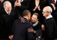 <p>President Barack Obama (C) greets (L-R) Supreme Court Justices Anthony Kennedy, Ruth Bader Ginsburg and Stephen Breyer before the State of the Union address on Capitol Hill on January 25, 2011 in Washington, DC. During his speech Obama was expected to focus on the U.S. economy and increasing education and infrastructure funding while proposing a three-year partial freeze of domestic programs and $78 billion in military spending cuts. (Chip Somodevilla/Getty Images) </p>