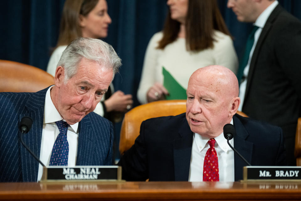 UNITED STATES - DECEMBER 20: From left, Massachusetts Democratic Party Chairman Richard Neal and Texas Republican Senator Kevin Brady during a committee on former President Donald Trump on Tuesday, December 20, 2022 A speech before a tax return hearing begins. (Bill Clark/CQ-Roll Call, Inc via Getty Images)