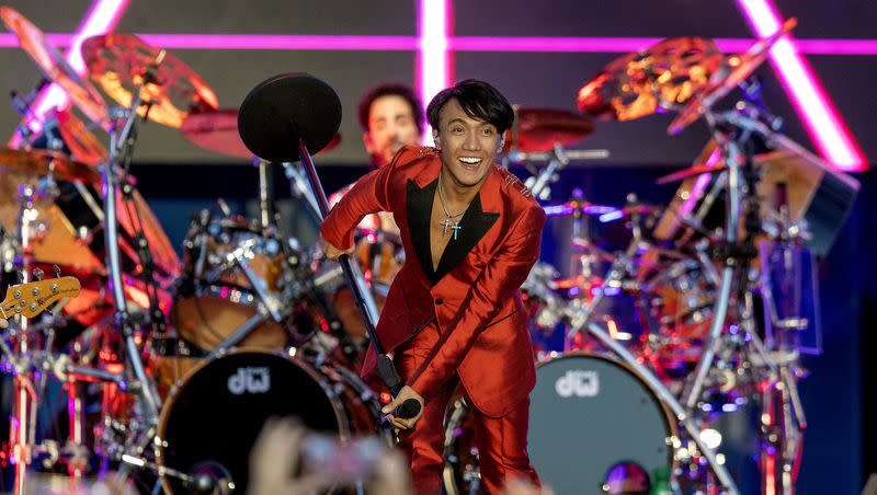 Journey lead vocalist Arnel Pineda walks the stage as the band plays at the Stadium of Fire in Provo on Saturday, July 1, 2023.