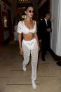 <p>In a white, crocheted ensemble at the Majestic Hotel in Cannes, France during the Cannes Film Festival.</p>