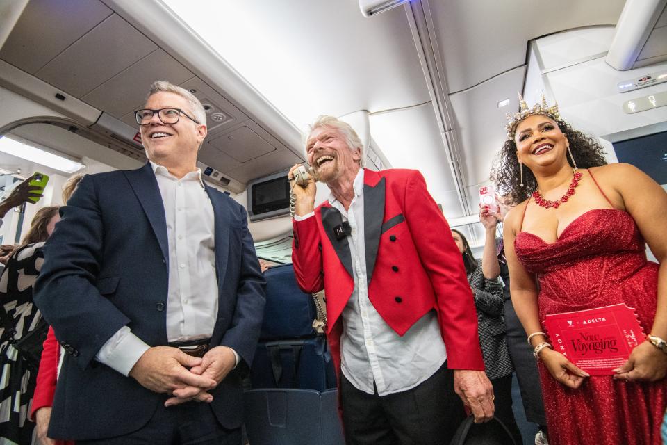 Delta Air Lines ane Virgin Voyages come together to give away a pair of tickets to each passenger on a flight to San Juan, Puerto Rico from Atlanta, Georgia at Hartsfield Jackson international Airport on Thursday February 29, 2024. (Chris Rank/ Rank Studios)