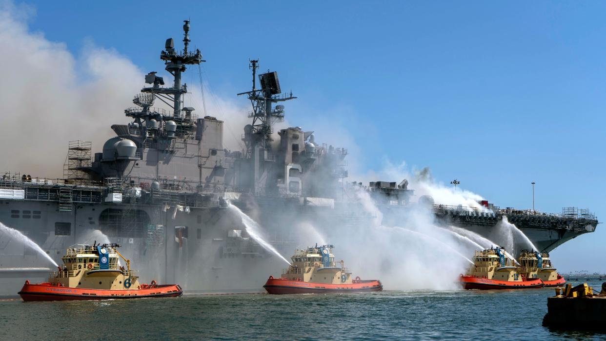 On the morning of July 12, a fire was called away aboard the ship while it was moored pierside at Naval Base San Diego. Local, base and shipboard firefighters responded to the fire. USS Bonhomme Richard is going through a maintenance availability, which began in 2018. 