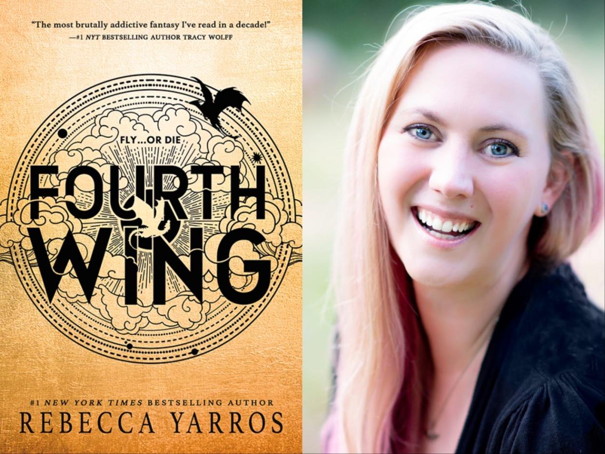 A side-by-side of "Fourth Wing" and Rebecca Yarros.