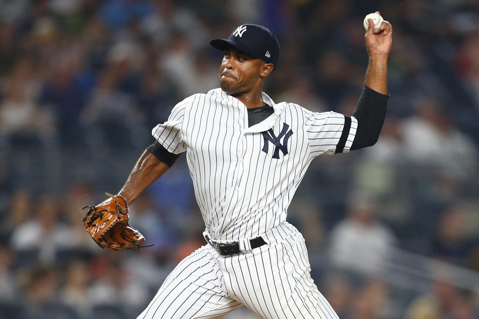 NEW YORK, NEW YORK - JULY 19:  Stephen Tarpley #71 of the New York Yankees in action against the Colorado Rockies at Yankee Stadium on July 19, 2019 in New York City. New York Yankees defeated the Colorado Rockies 8-2. (Photo by Mike Stobe/Getty Images)