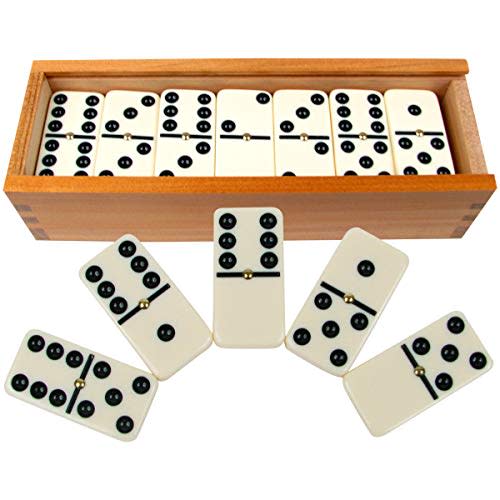 Dominoes Set- 28 Piece Double-Six Ivory Domino Tiles Set, Classic Numbers Table Game with Wooden Carrying/Storage Case by Hey! Play! (2-4 Players) , Brown