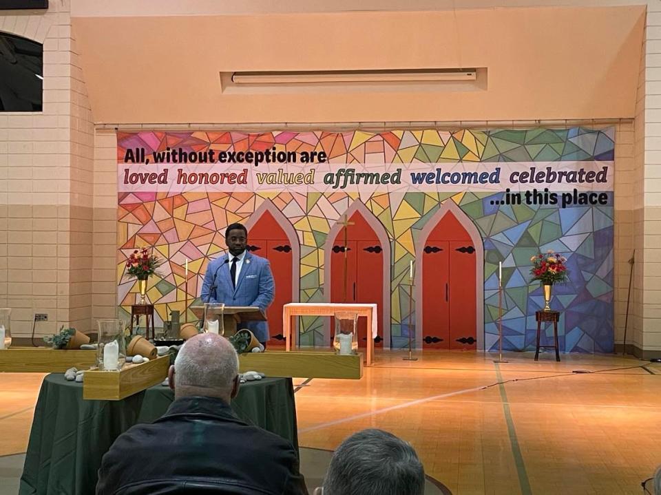State Representative Wendell K. Jones, representing District 25, speaks at community event at Trinity Lutheran Church in Greenville to raise awareness about gun violence.