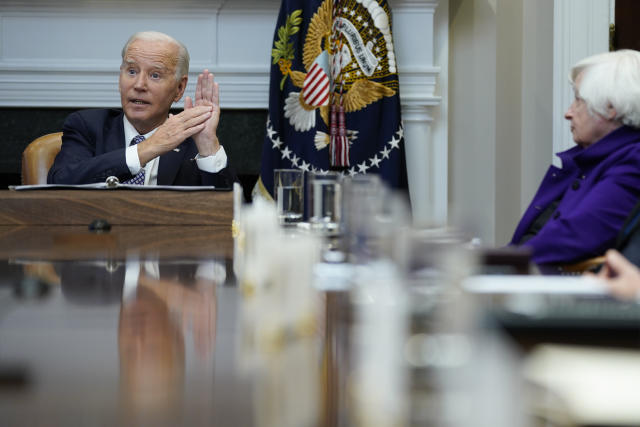 President Joe Biden speaks during a meeting with his 