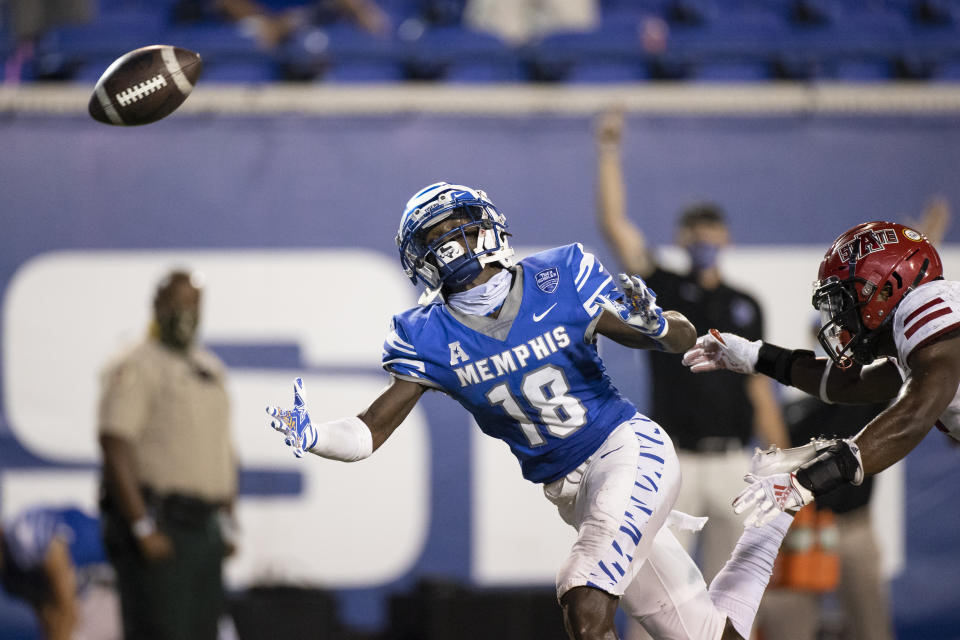 MEMPHIS, TN - SEPTEMBER 05:  Tahj Washington #18 of the Memphis Tigers watches a pass fall incomplete during the fourth quarter against the Arkansas State Red Wolves at Liberty Bowl Memorial Stadium on September 5, 2020 in Memphis, Tennessee. Memphis defeated Arkansas State 37-24. (Photo by Brett Carlsen/Getty Images)