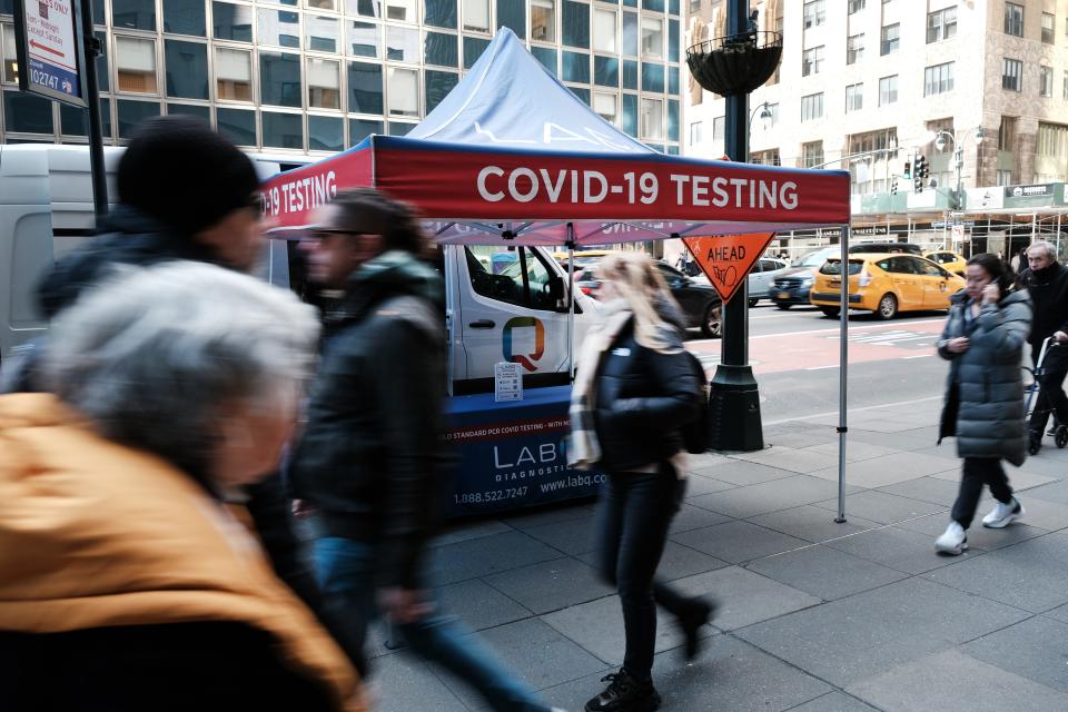 A COVID-19 testing tent sits along a Manhattan street on March 09, 2023 in New York City.