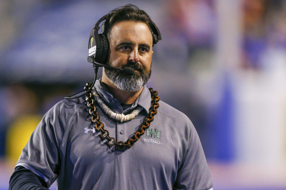 Hawaii head coach Nick Rolovich reacts during the second half of an NCAA college football game against Boise State, Saturday, Oct. 12, 2019, in Boise, Idaho. Boise State won 59-37. (AP Photo/Steve Conner)