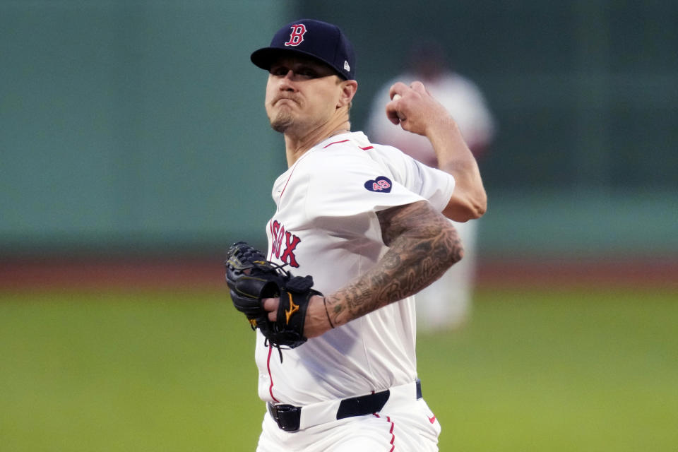 Boston Red Sox pitcher Tanner Houck delivers during the first inning of the team's baseball game against the Cleveland Guardians, Wednesday, April 17, 2024, in Boston. (AP Photo/Charles Krupa)