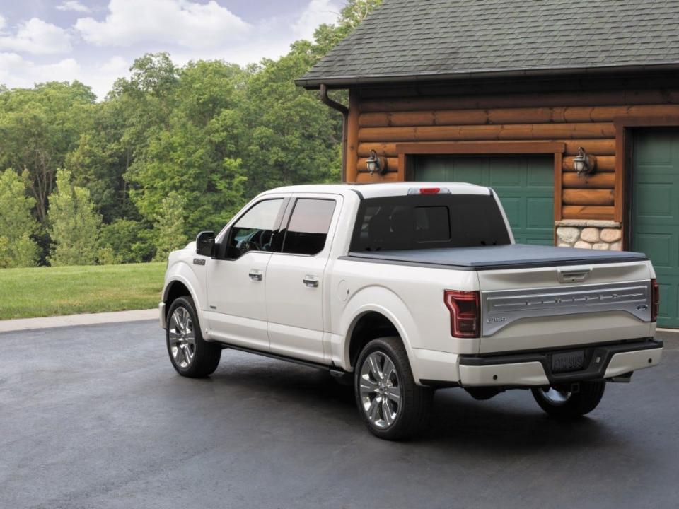 A white Ford F-150 in the driveway of a cabin with green garage doors.