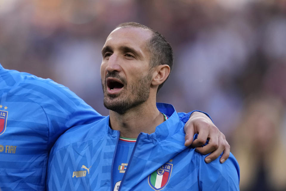 Italy's Giorgio Chiellini stands prior to the start of the Finalissima soccer match between Italy and Argentina at Wembley Stadium in London , Wednesday, June 1, 2022. (AP Photo/Matt Dunham)