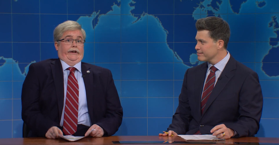 Molly Kearney appears as Tennessee Lt. Gov. Randy McNally on Saturday Night Live's Weekend Update to discuss the controversy surrounding McNally's comments on mature Instagram posts.