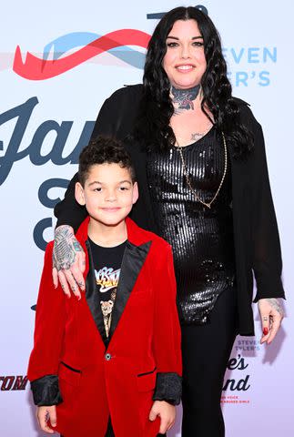 <p>Araya Doheny/Getty</p> Mia Tyler and her son attend the Jam for Janie GRAMMY Awards Viewing Party
