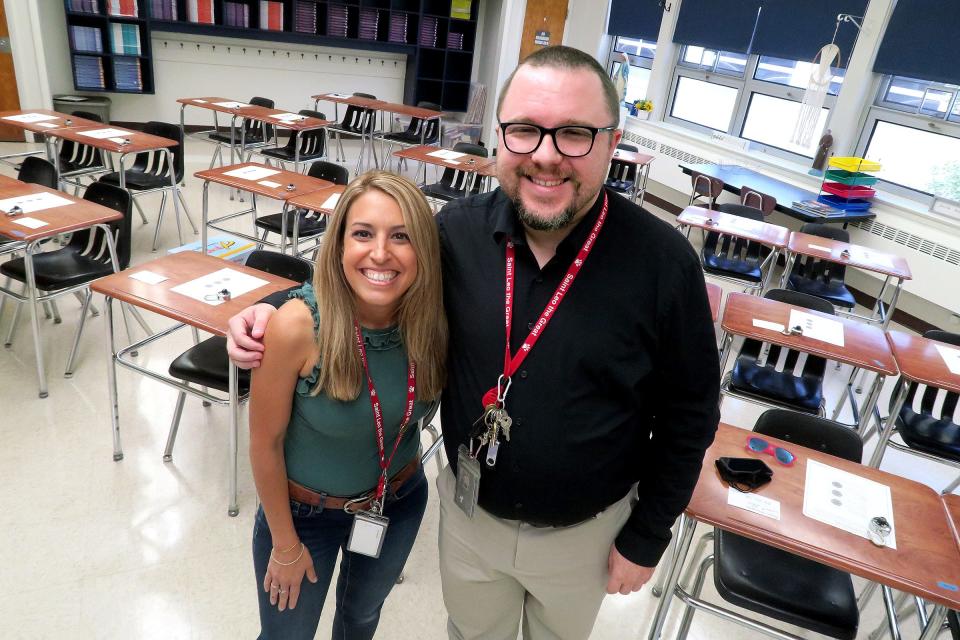 St. Leo the Great Elementary School teachers Mike Daneman and Lauren Crupi share a hug at the Lincroft school Thursday afternoon, August 31, 2023. As the school year closed before the summer, Daneman donated a kidney to fellow teacher Crupi.