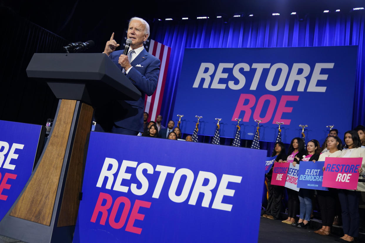 President Joe Biden speaks about abortion access during a Democratic National Committee event at the Howard Theatre, Tuesday, Oct. 18, 2022, in Washington. (Evan Vucci)/AP)