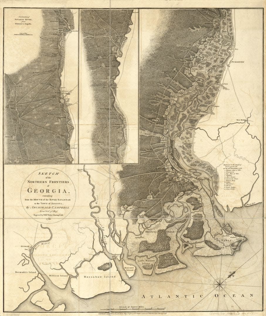Sketch of the northern frontiers of Georgia, extending from the mouth of the River Savannah to the town of Augusta by Sir Archibald Campbell and William Faden from 1780.