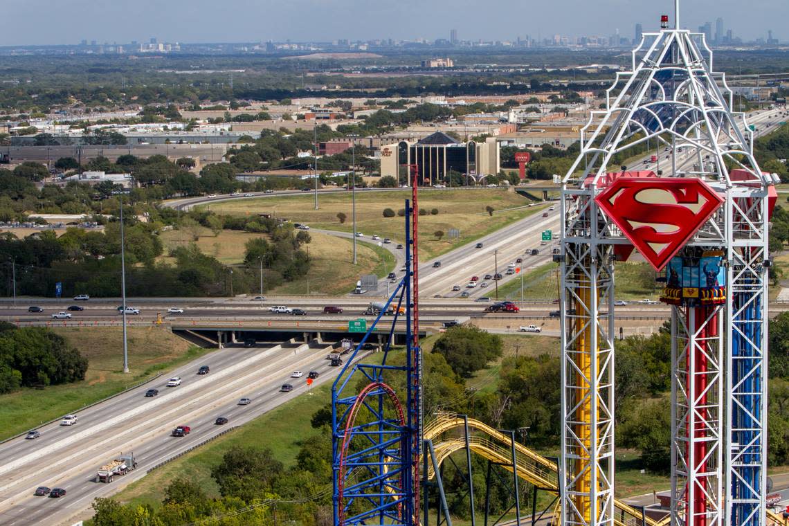 Oct. 9, 2014: Taken from the top of the Six Flags Oil Derrick looking east toward the skyline of Dallas. Photo shows the SH 360 and I-30 intersection.