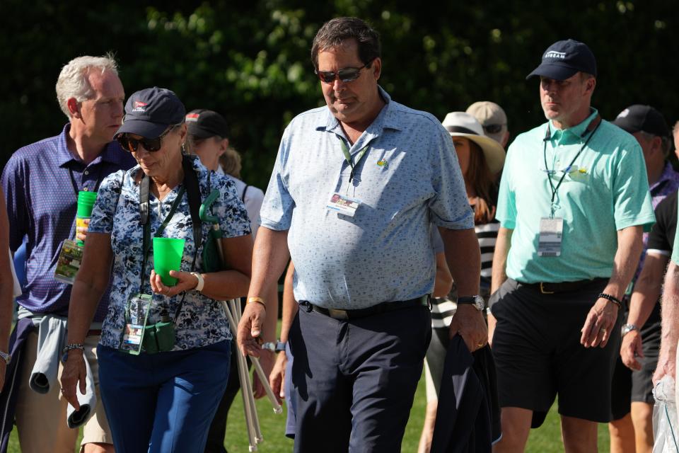 Bob Koepka, father of Brooks Koepka, looks on during the first round of the Masters Tournament.