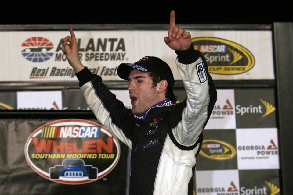 ATLANTA - MARCH 05: (EDITORS NOTE: RETRANSMITTED WITH AN ALTERNATE CROP) Corey Lajoie, driver of the #19 Hill Enterprises Pontiac, celebrates in Victory Lane after winning the NASCAR Whelen Southern Modified Tour Atlanta 150 at Atlanta Motor Speedway on March 5, 2010 in Hampton, Georgia. (Photo by Chris Trotman/Getty Images) Chris Trotman/Getty Images