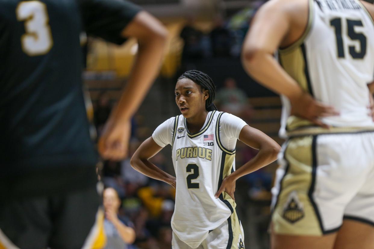 Purdue Boilermakers guard Rashunda Jones (2) prepares for a free-throw during the NCAA women's basketball game against the Quincy Hawks, on Sunday, Oct. 29, 2023, at Mackey Arena in West Lafayette, Ind. Purdue won 106 - 45.
