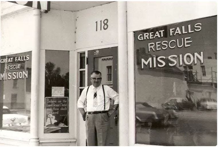 Founder Harold Ross stands outside the original Great Falls Rescue Mission in the early 1960s