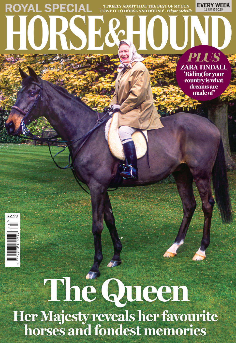 EMBARGOED TO 0001 THURSDAY JUNE 11 Undated handout photo issued by Horse and Hound showing the cover photo of the Queen riding Sanction. The Queen has revealed her favourite horses, including Sanction, from the seven decades of her reign for the first time.