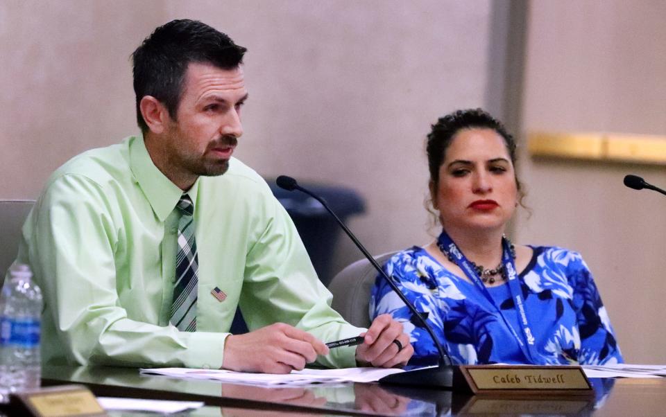 Rutherford County School Board member Caleb Tidwell speaks during a called school board meeting on Tuesday, April 25, 2023, to accept or deny American Classical Academy Charter School, to enter the Rutherford County School System. 