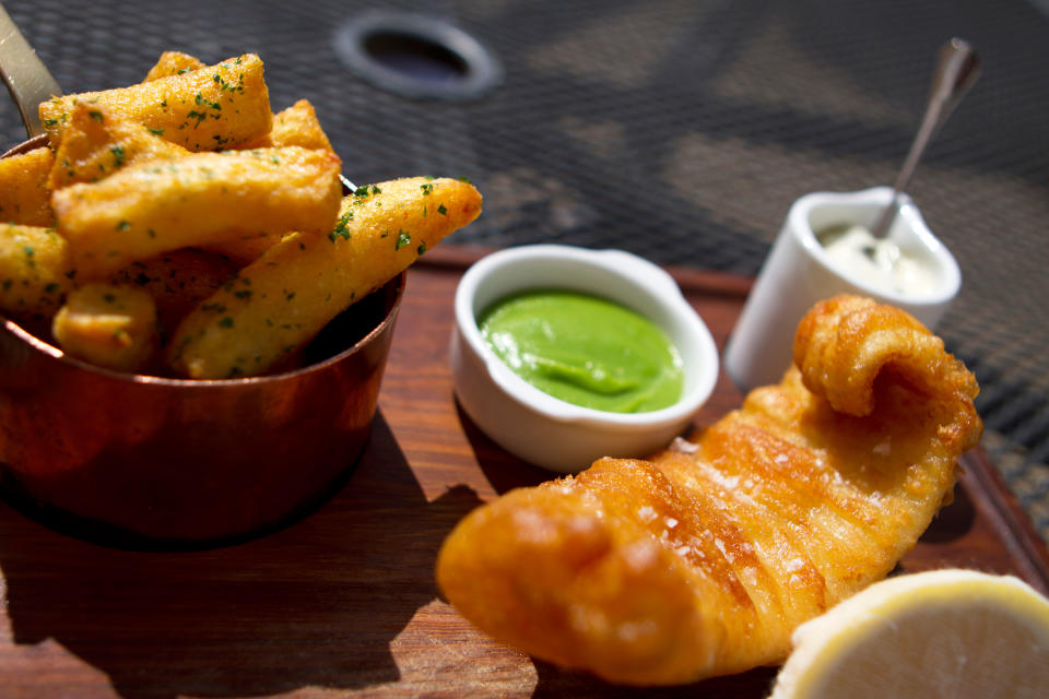 Fish and chips at Tom Kerridge's The Hand & Flowers pub and restaurant, Marlow.