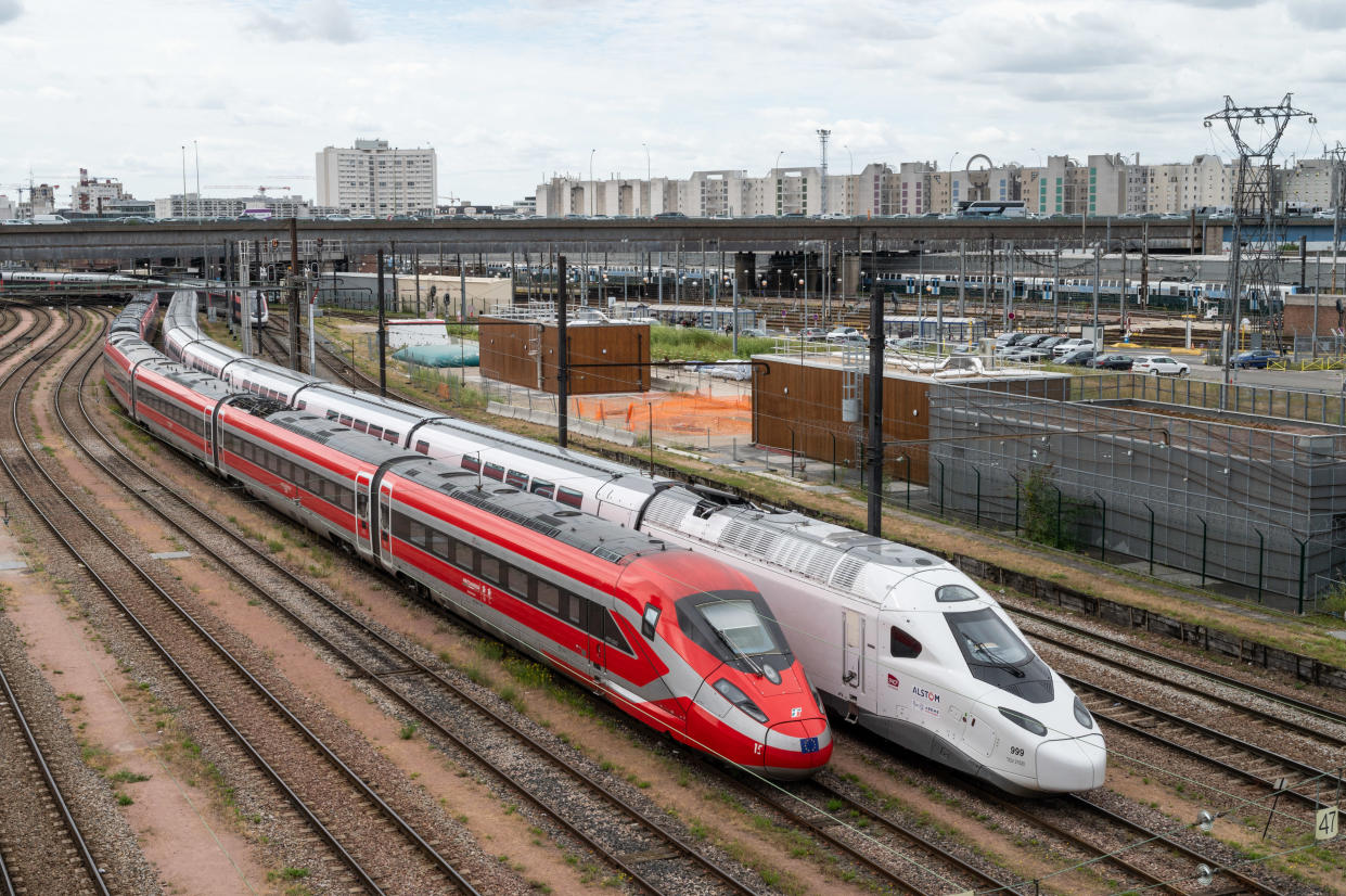 Two trains on the rails of Bercy Station, Technicentre SNCF Sud-Est Europeen in the 12th arrondissement of Paris, France, July 7, 2024. Frecciarossa. (Photo by Riccardo Milani / Hans Lucas / Hans Lucas via AFP) (Photo by RICCARDO MILANI/Hans Lucas/AFP via Getty Images)