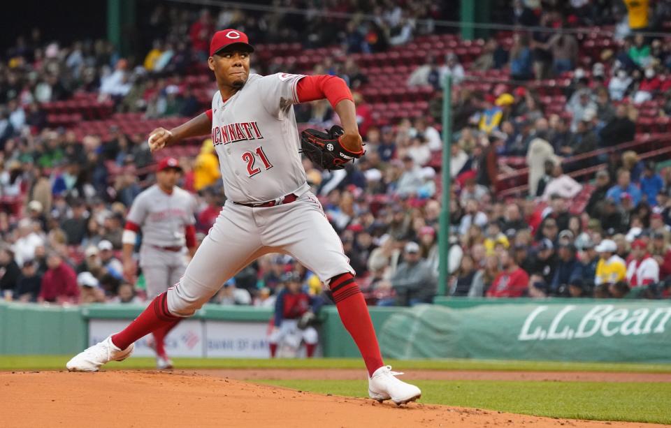 Jun 1, 2022; Boston, Massachusetts, USA; Cincinnati Reds starting pitcher Hunter Greene (21) throws a pitch against the Boston Red Sox in the first inning at Fenway Park.