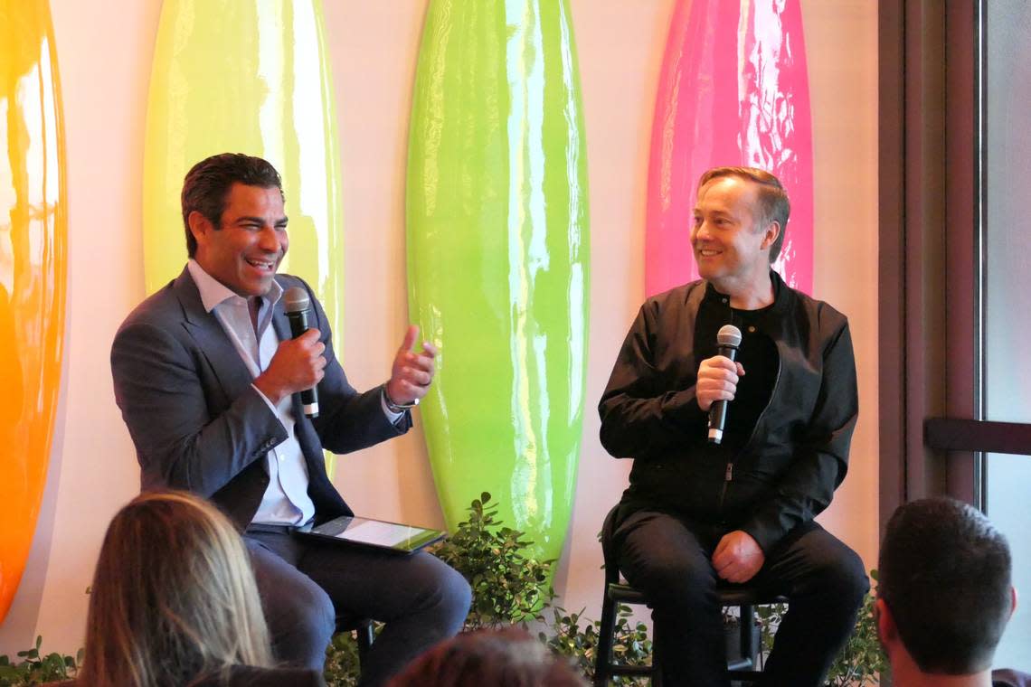 Miami Mayor Francis Suarez and famed startup investor Jason Calacanis talked about Miami tech in a private event at citizenM hotel downtown on Jan. 26, 2023. This is an example of the programs citizenM hotels hold. NADYA VENTO