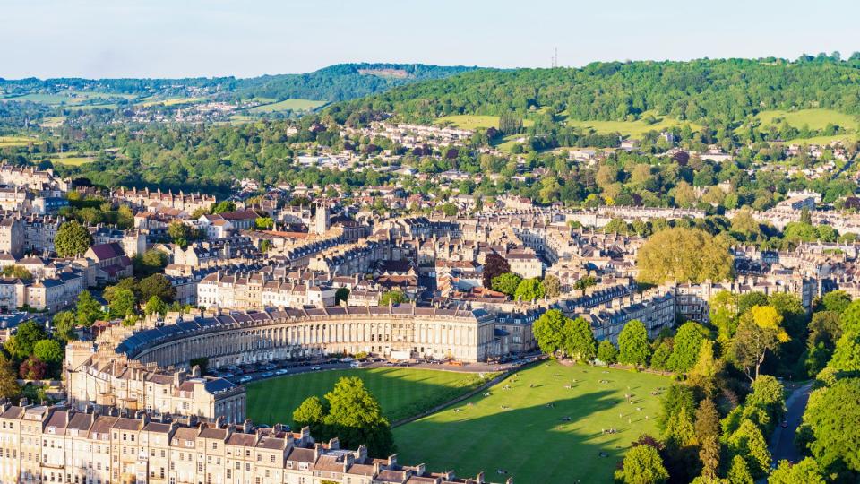 View of Historic town of Bath in England from the air