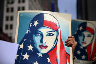 <p>A women holds up a Munira Ahmed sign in the “I am a Muslim too” rally at Times Square in New York City on Feb. 19, 2017. (Gordon Donovan/Yahoo News) </p>